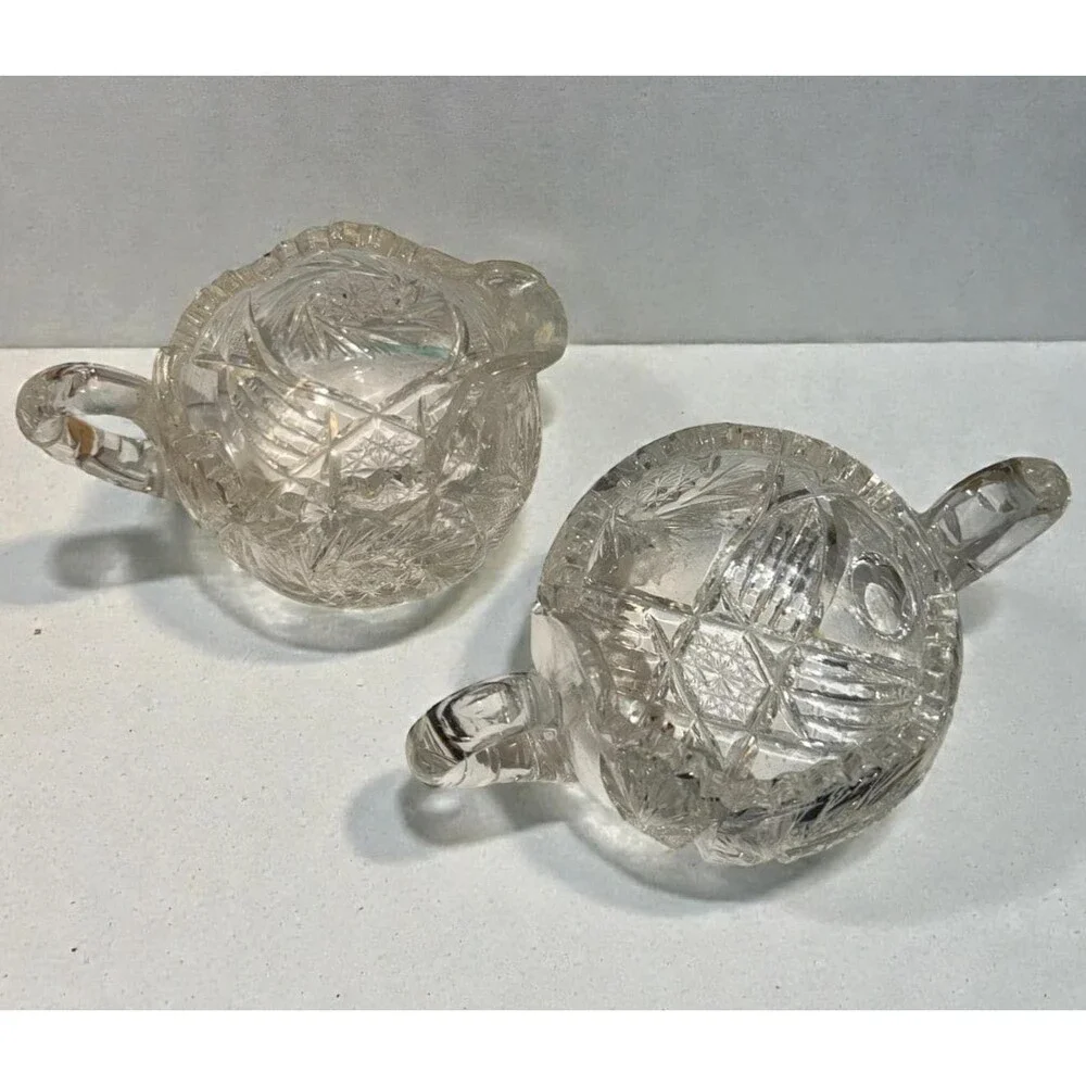 Vintage Cut Crystal Sugar & Creamer Set Scalloped Rim Cut Glass mid century